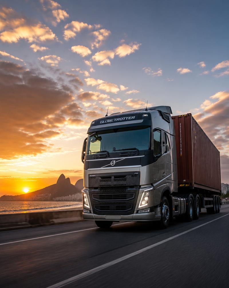 Caminhão da Gregon Transportes com container em rodovia ao entardecer